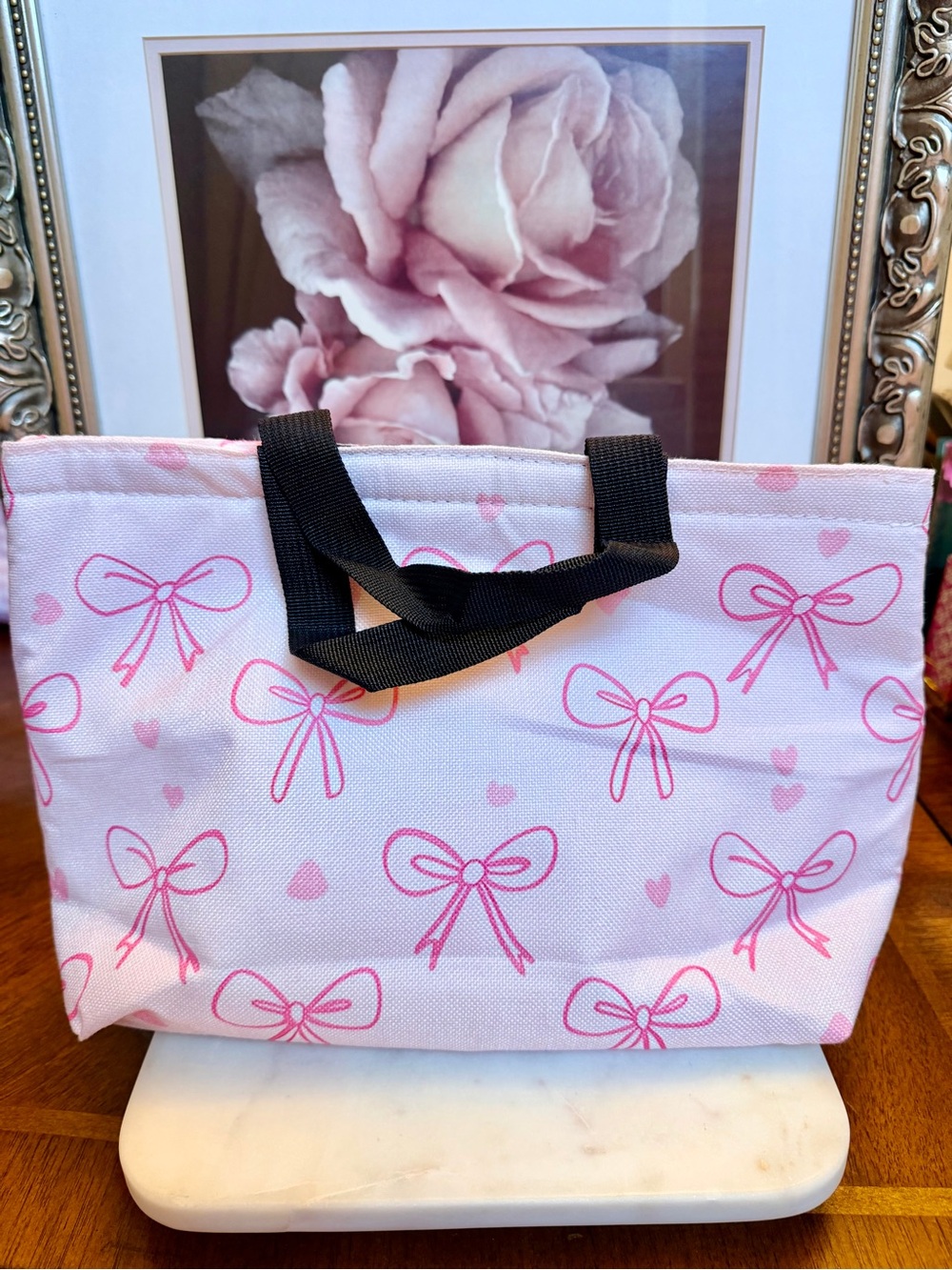 Pink Bow Pattern Thermal Lunch Tote w/Heart Accents - Lightweight & NWOT